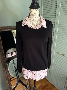 Adrianna Papell Black Crew Neck Sweater with Pink Heart-Print Shirt Layer
